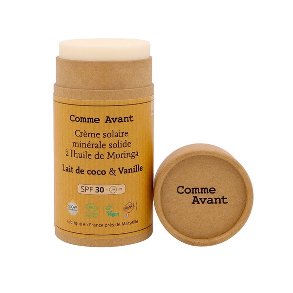 Comme Avant -- Crème solaire minérale solide spf30 - lait de coco & vanille - version 3 (origine France) - 80 g